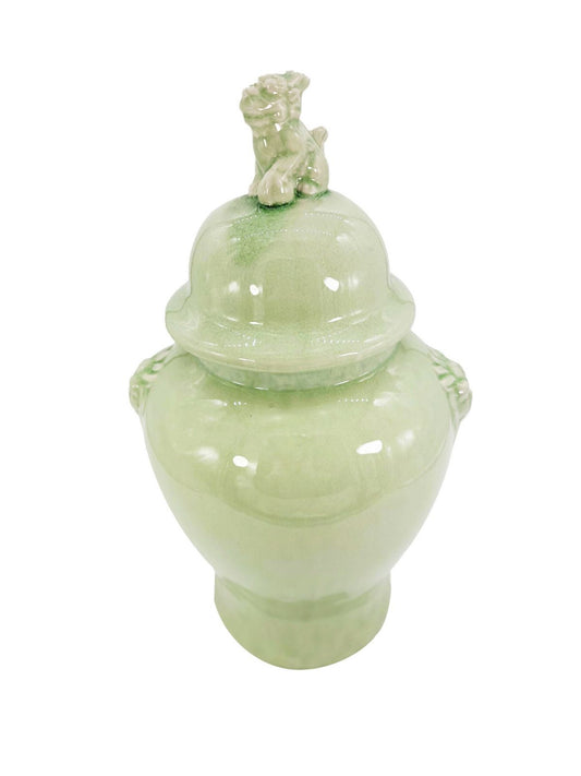 18 inch Mint Green Ceramic Ginger Jar with Guardian Lion Design and Lid, Sold by KYA Home Decor.