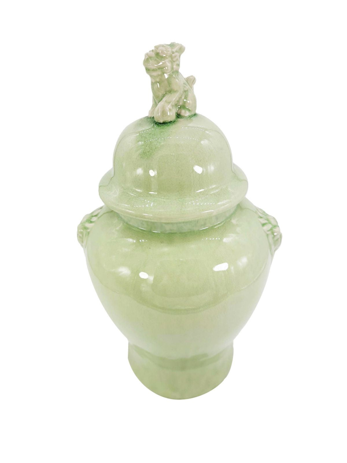 18 inch Mint Green Ceramic Ginger Jar with Guardian Lion Design and Lid, Sold by KYA Home Decor.