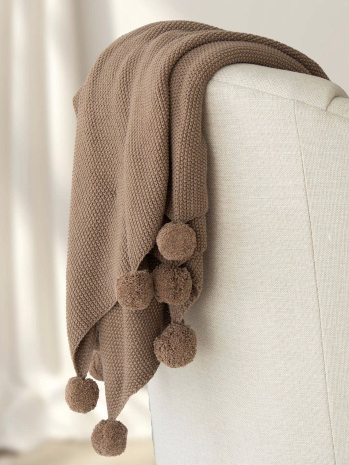 100% Cotton Seedstitch Throw Blanket with Pom Poms in Luxurious Mushroom Color, 50W x 60L. 