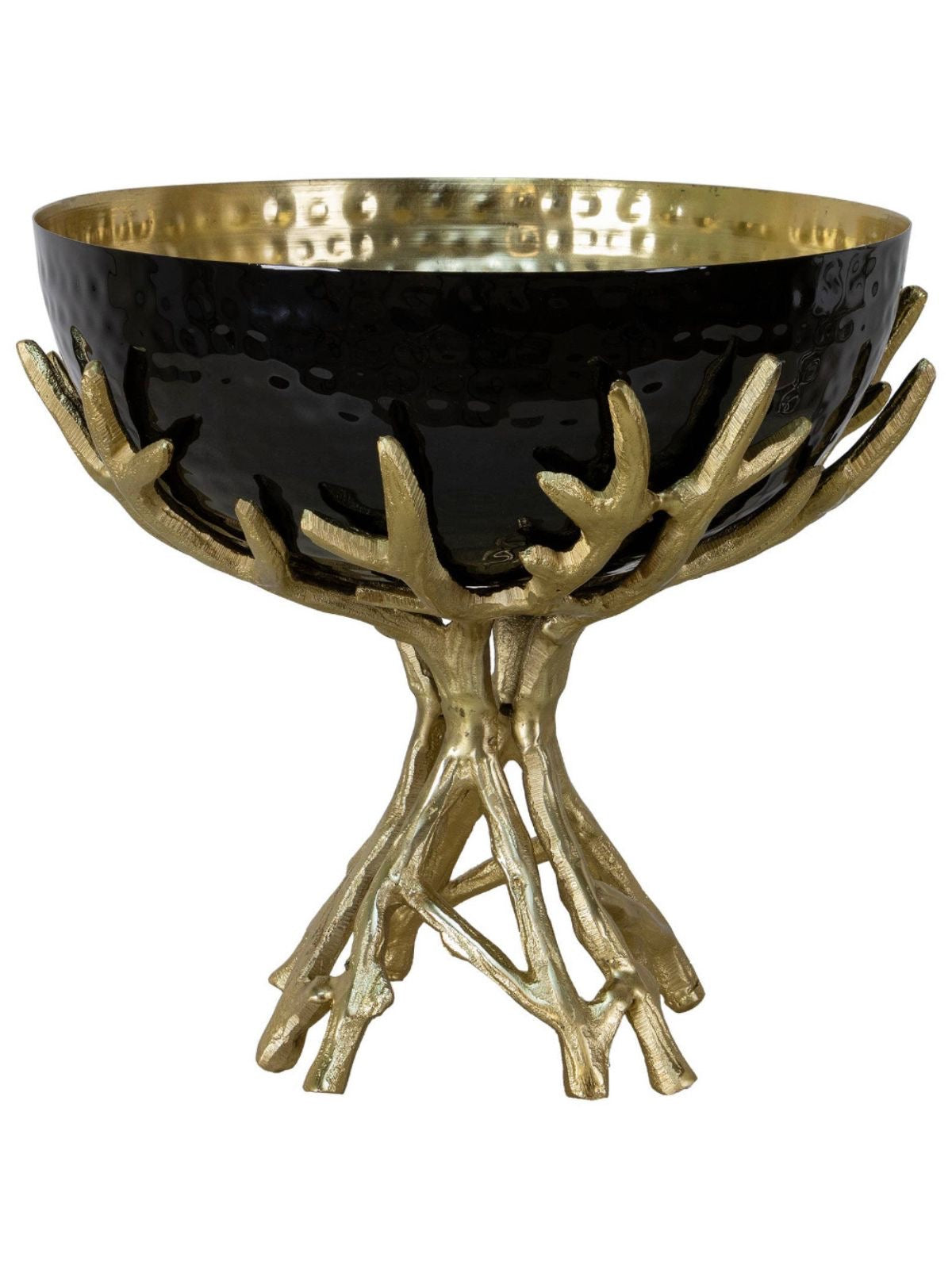 Decorative black bowl with gold interior sitting on a stunning golden stainless steel branch stand.