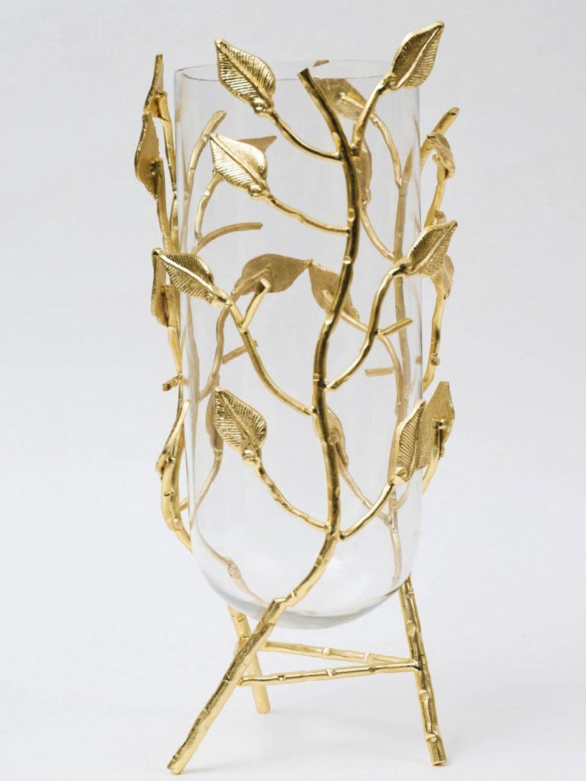 16H Gold Metal Branch Decorative Vase With Luxurious Clear Glass Insert.