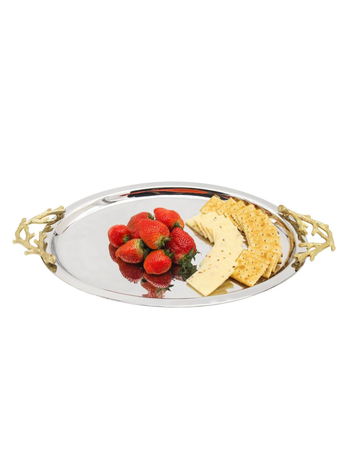 Stainless Steel Oval Tray with Gold Branch Designed Handles Sold by KYA Home Decor.