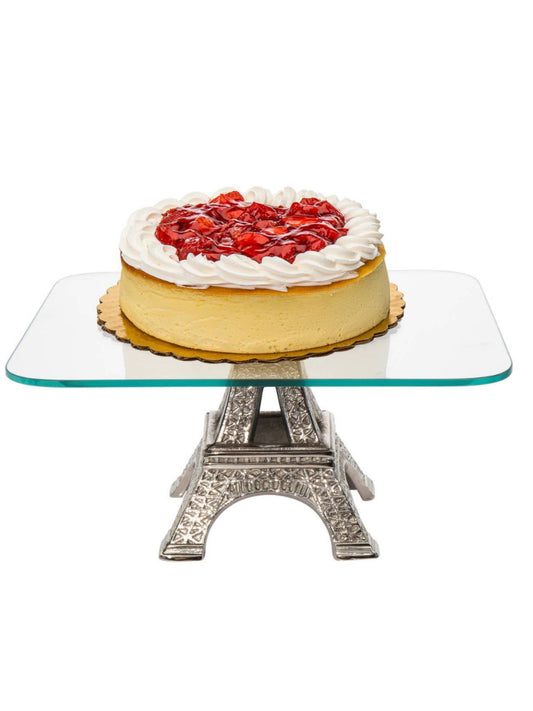 This Decorative Glass Cake Stand has an Exquisite Silver Eiffel Tower Design underneath.