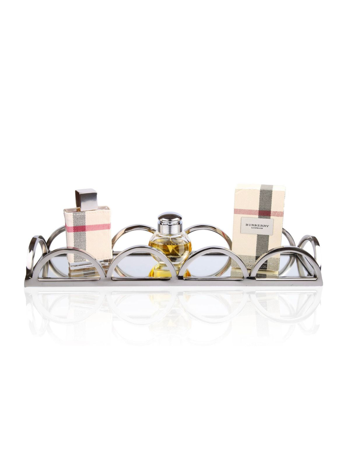 Rectangular Mirrored Decorative Vanity Tray with Chrome Loop Edges Sold by KYA Home Decor.