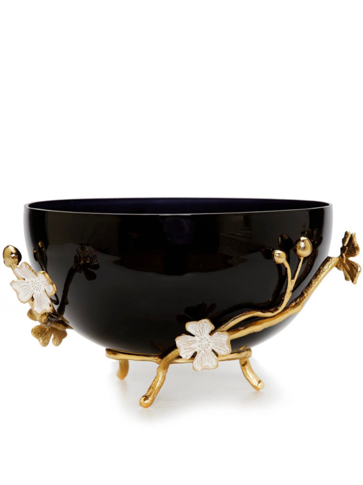 Black Glass Bowl with Cherry Blossom Flower Detail, 10.5D.