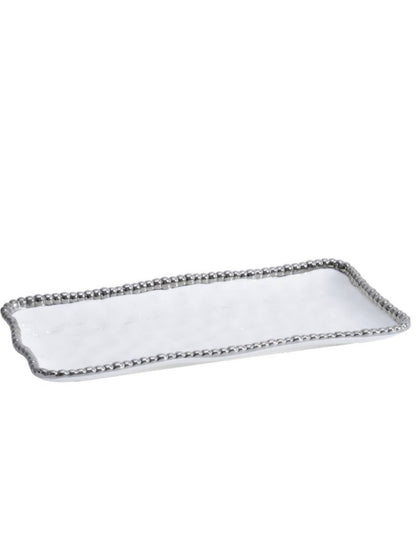 Rectangular Porcelain Serving Tray with Silver Beaded Edges