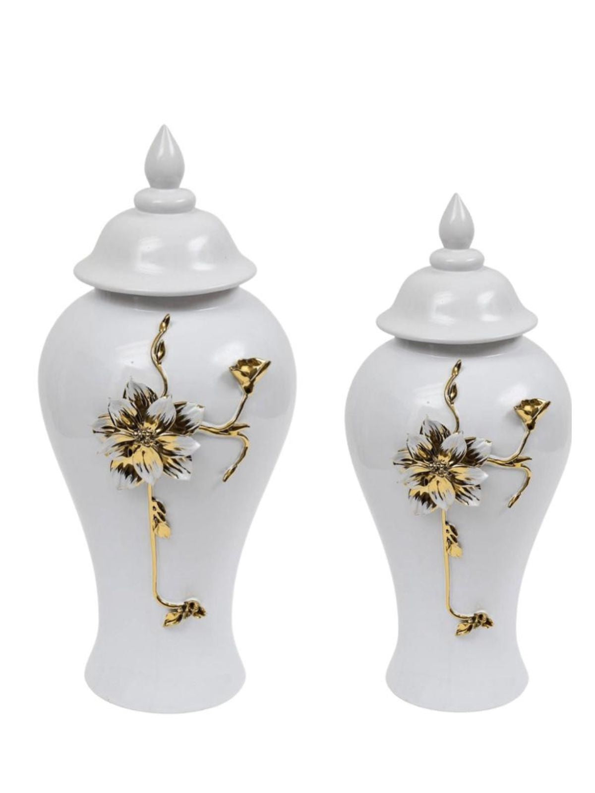 White Ceramic Ginger Jar with Gold Flower Design and Removable Lid. 2 Sizes Sold by KYA Home Decor.