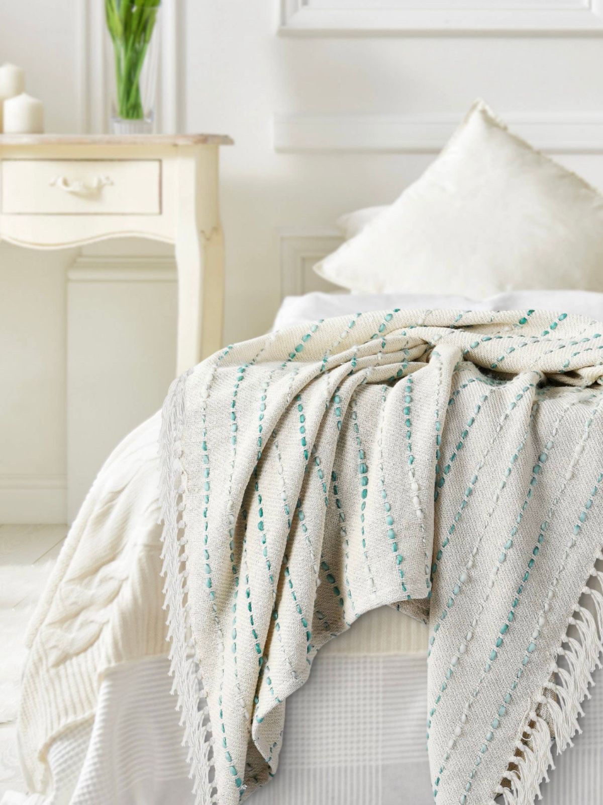 Teal Stripe Woven Cotton Throw Blanket with Fringe.