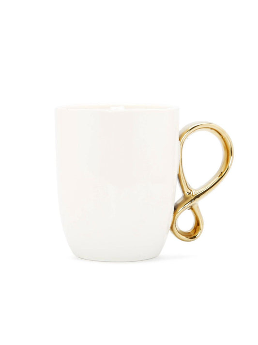 This is a gorgeous white and gold coffee mug with beautiful gold handle. Its twisted gold handle is sure to add a twist to your coffee station.  