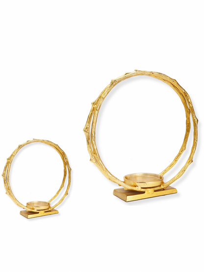 Gold Circle Stainless Steel Hurricane Candle Holder with Double Hoop Design, Available in 2 Sizes. 