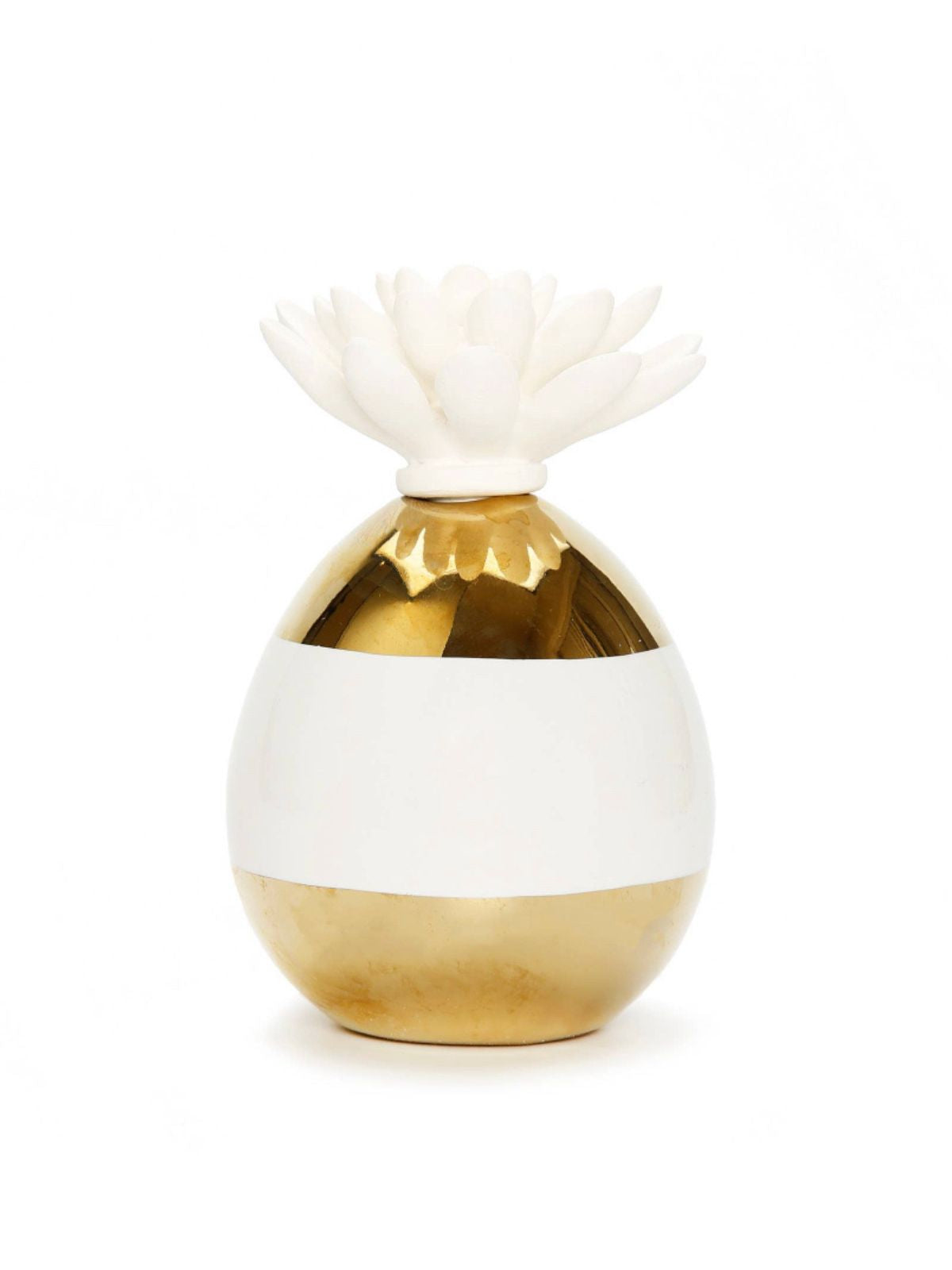 Iris and Rose Scented White and Gold Small Oil Diffuser with White Floral Topper Sold by KYA Home Decor. 