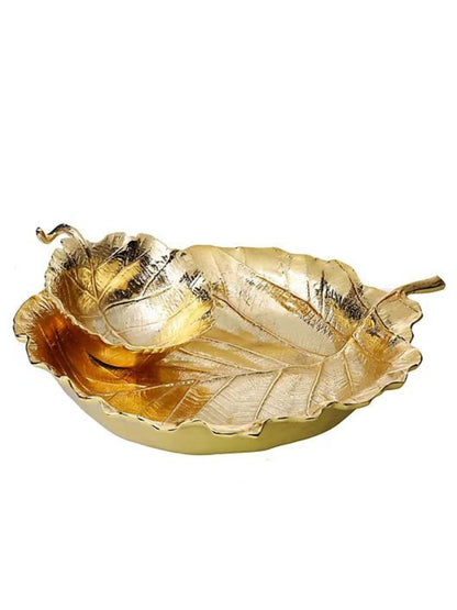 Gold Stainless Steel Leaf Shaped Chip and Dip Bowl, 12.25L x 14W x 2H.