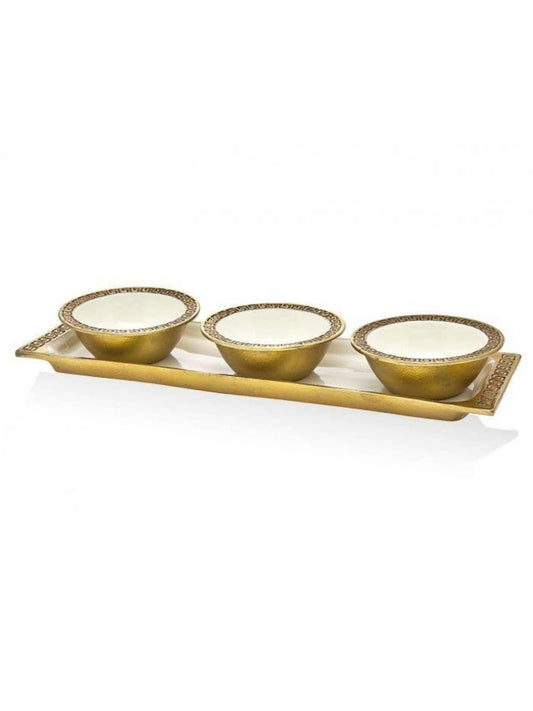 3 Greek Key Designed Snack Bowls on Gold and White Serving Tray