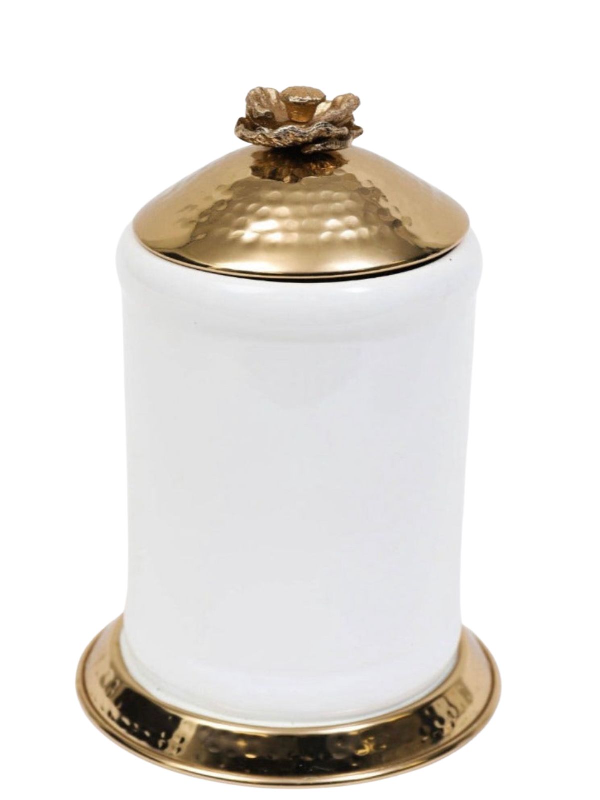 10H Luxury white ceramic canisters with gold base and gold hammered lid with floral details - KYA Home Decor.