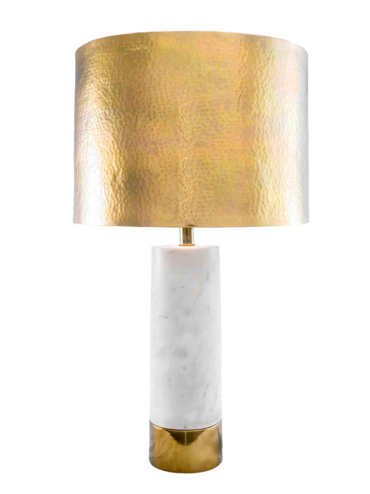 White Marble Table Lamp with Gold Hammered Shade, 23 inches.