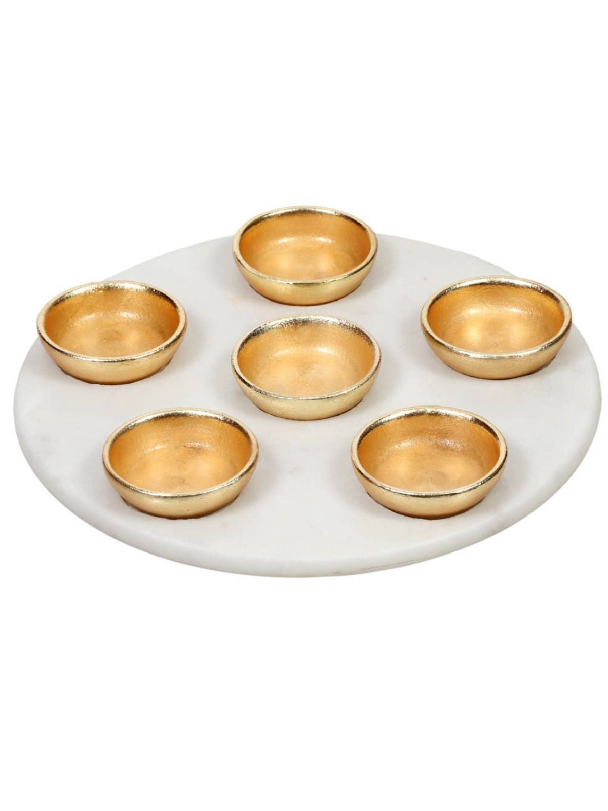 This Luxurious Seder Plate Features White Marble and Stainless Steel Gold Dishes. 