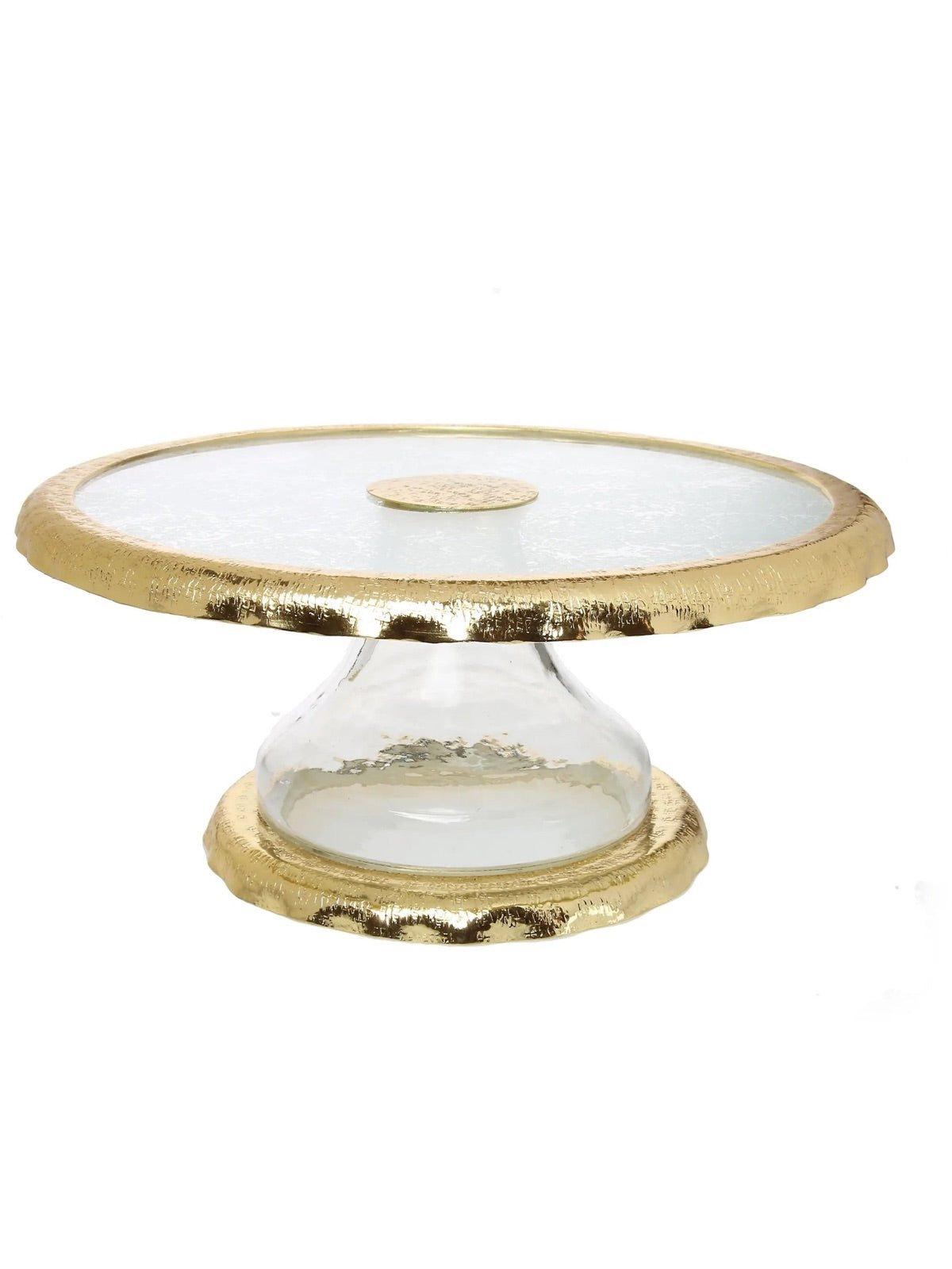 Luxurious Glass Cake Stand with Stainless Steel Gold Scalloped Edges Sold by KYA Home Decor.