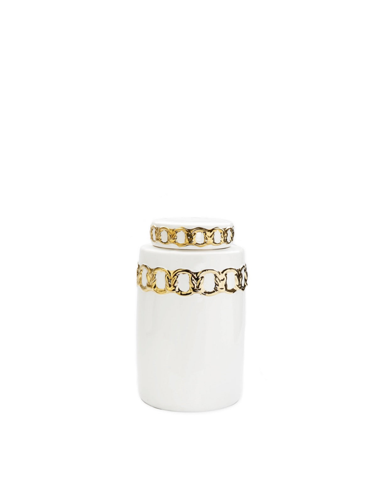 Small White Ceramic Kitchen Jar with Luxury Gold Chain Details - KYA Home Decor