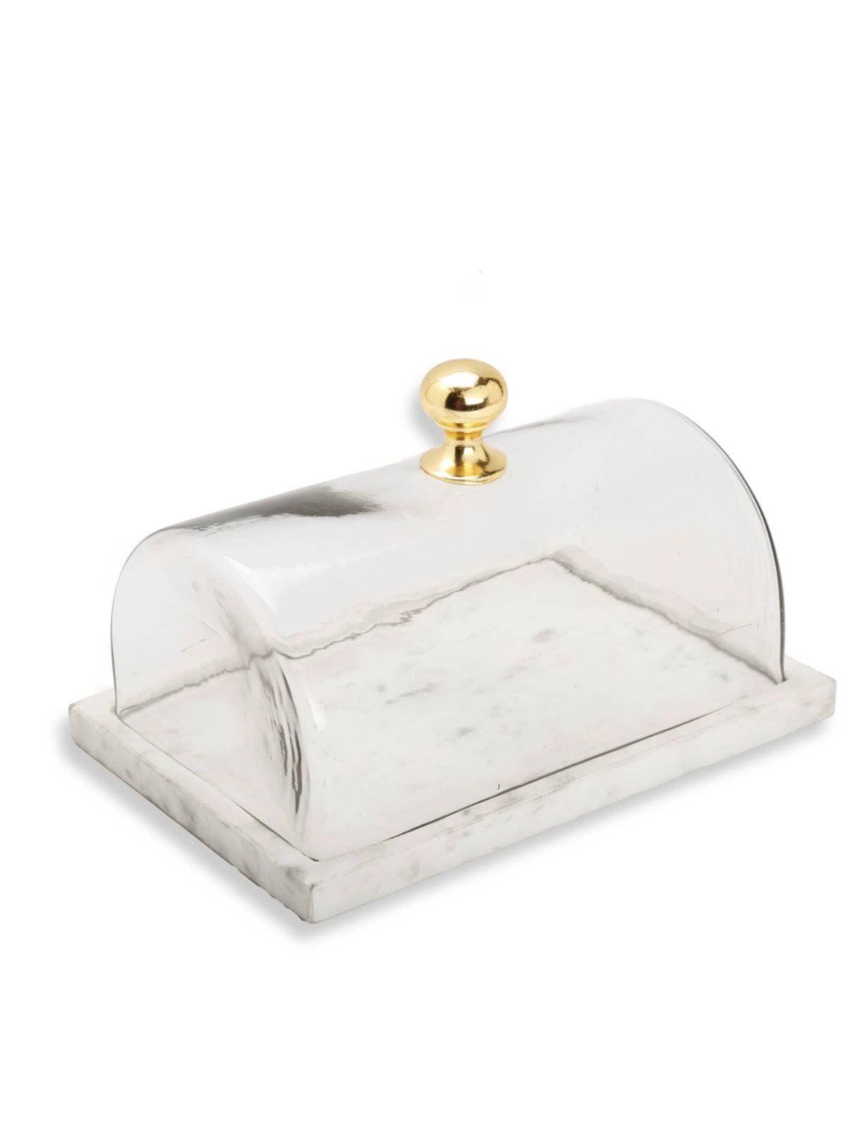 White Marble Cake Tray with Glass Dome and Gold Knob Sold by KYA Home Decor, 10L x 6W.