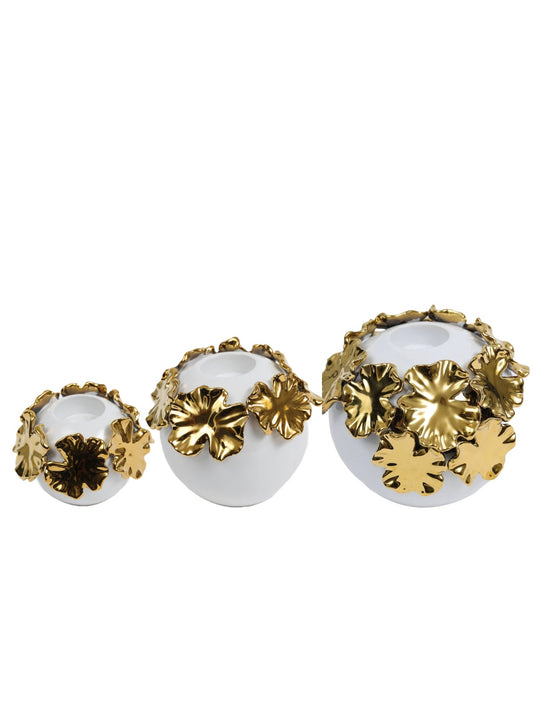 White Ceramic Tea Light Holders with Cascading Gold Floral Details, Available in 3 Sizes. 