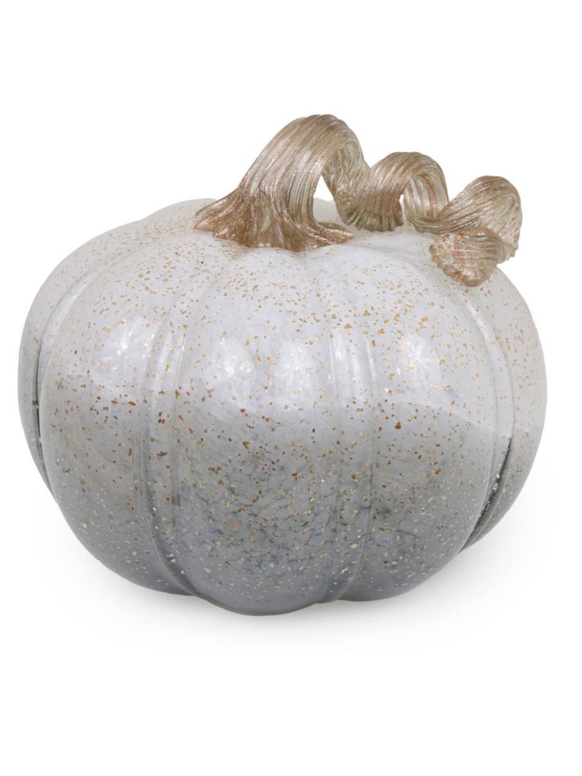This Large Twilight Grey Glass Pumpkin is perfect for decorating your home during fall season! This hand-blown glass pumpkin features an abstract grey and gold pattern with a curly gold stem.