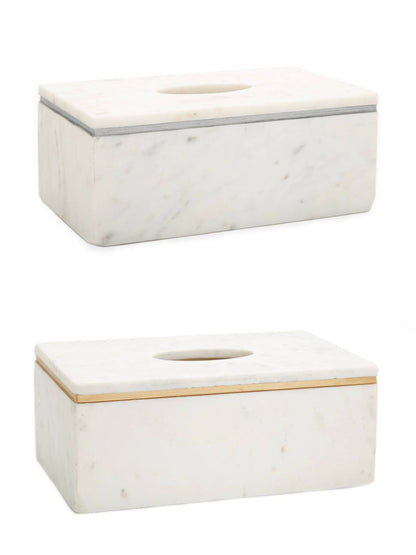 White Marble Tissue Holder With Metallic Rim Design, Available in Gold or Silver. 