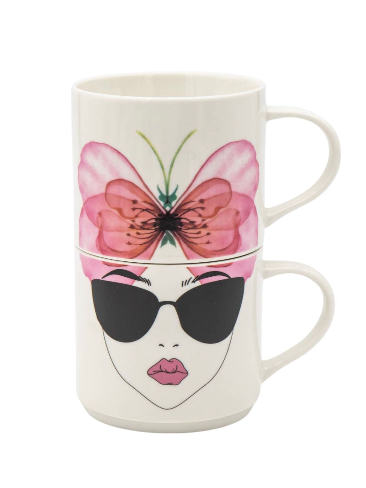 This design features a pink butterfly on the top mug, and a stylish portrait of a woman on the other!