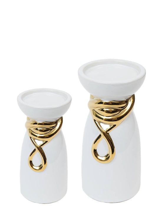 White Ceramic Candle Holder with Gold Ribbon Design. Available in 2 Sizes. Sold by KYA Home Decor. 