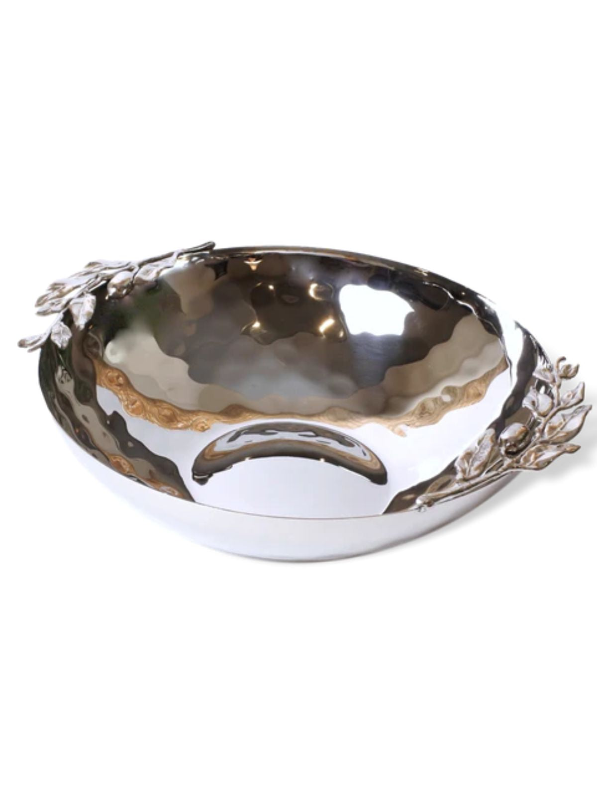 14D inch Stainless Steel Serving Bowl Features hammered textures with olive designs on the edges, Sold by KYA Home Decor.