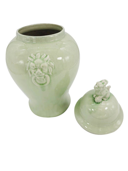 18 inch Mint Green Ceramic Ginger Jar with Guardian Lion and Removable Lid, Sold by KYA Home Decor.