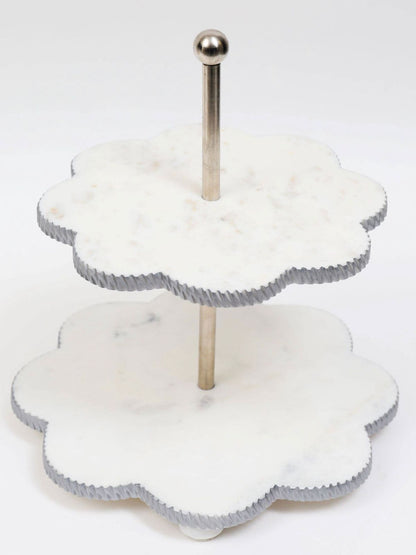 2 Tiered 12D White and Silver Marble Cake Stand with Flower Shaped Design- KYA Home Decor