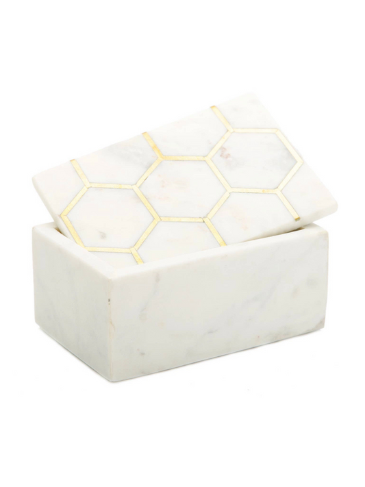 White Marble Decorative Box With Gold Hexagon Design On Cover.