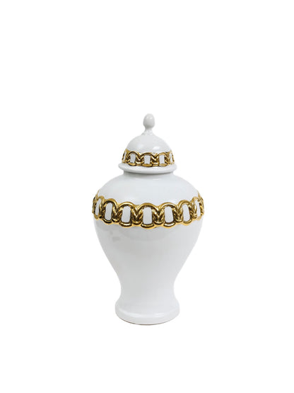 18H White Ceramic Ginger Jar with Gold Chain Details and removable lid. Sold by KYA Home Decor.