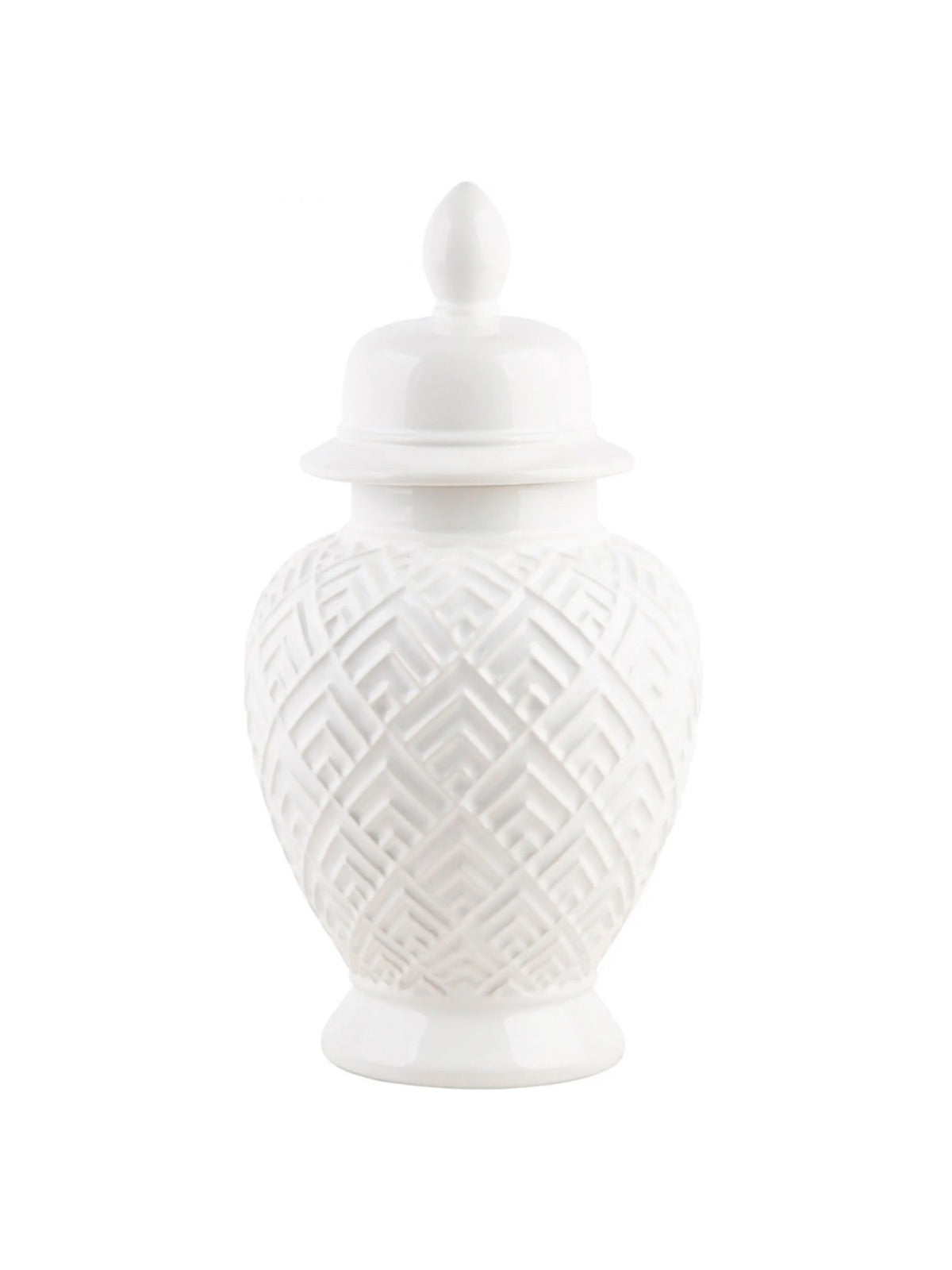12.5H White ceramic ginger jar with diamond patterns with removable lid sold by KYA Home Decor.