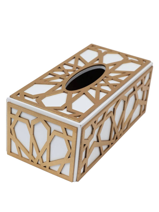 White Tissue Box Holder with Gold Wood Design sold by KYA Home Decor.