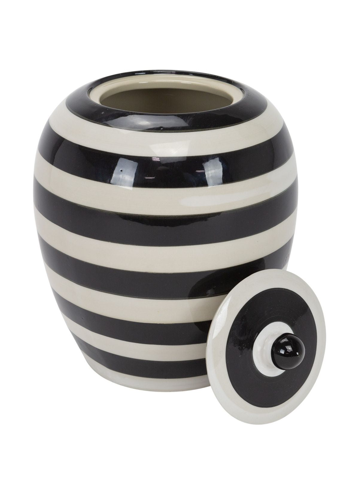 9.5 inch Ceramic Jar with Black and White Stripe Design and removable lid, sold by KYA Home Decor. 