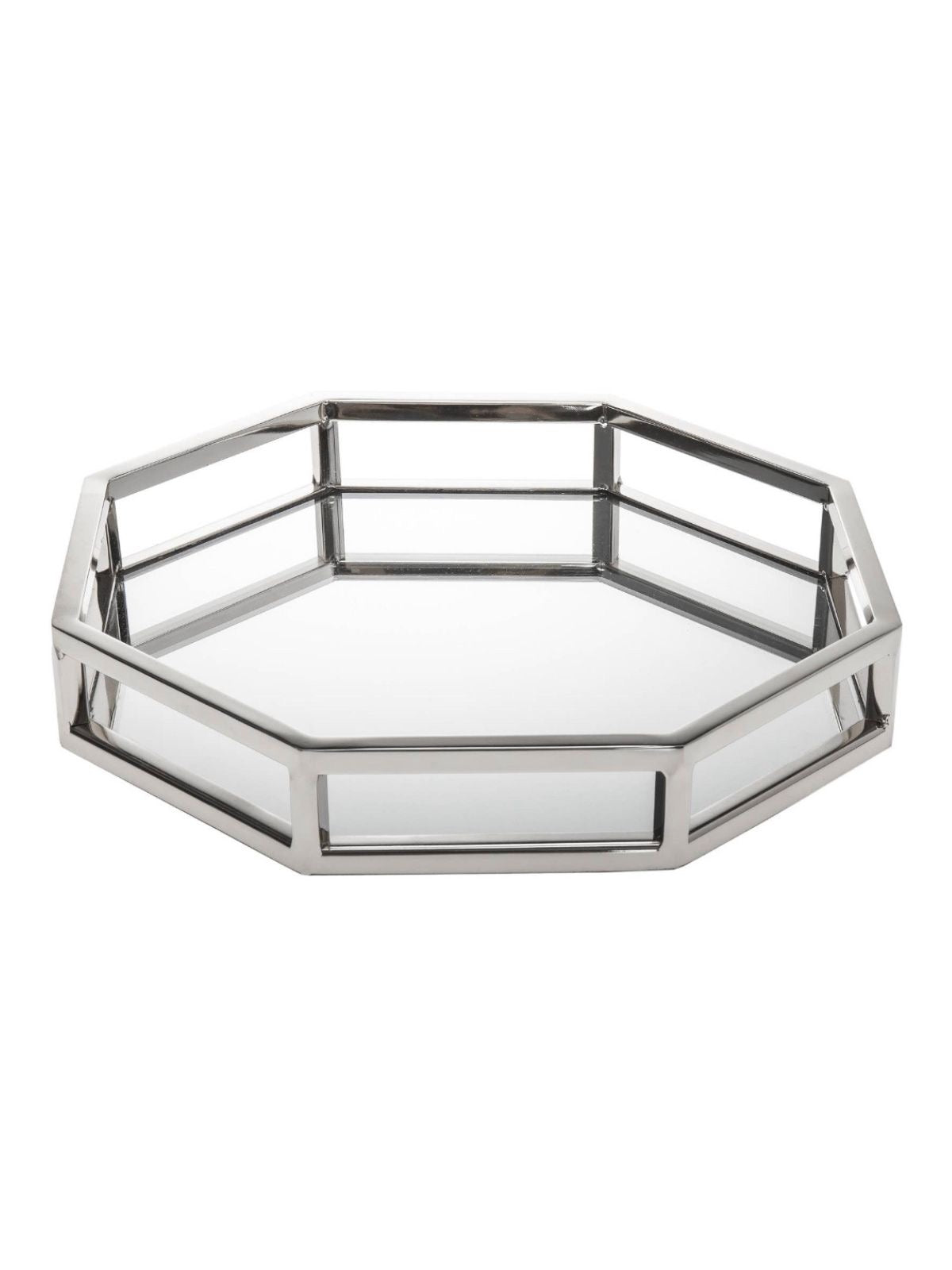 Large Silver Octagon Design Mirrored Decorative Tray for Vanities. 
