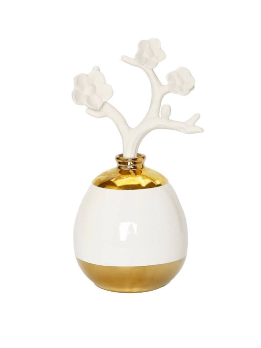 Iris and Rose Scented White and Gold Large Oil Diffuser with White Floral Topper Sold by KYA Home Decor. 
