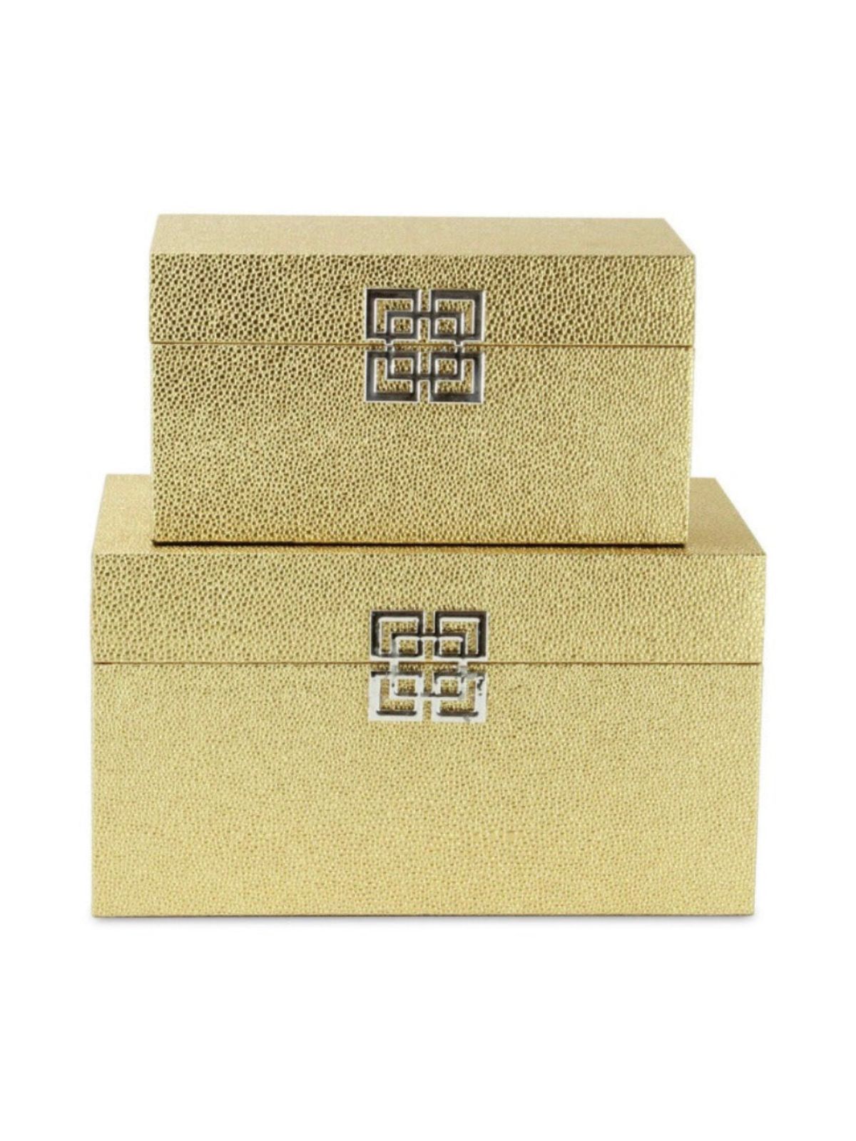 Keepsake boxes have provided a unique elegant touch to many spaces. Perfect for storing treasured items, they provide an eye-catching and warm look. The Doppia Felicita Box Set features a gold shagreen body with a Happiness symbolic front handle!