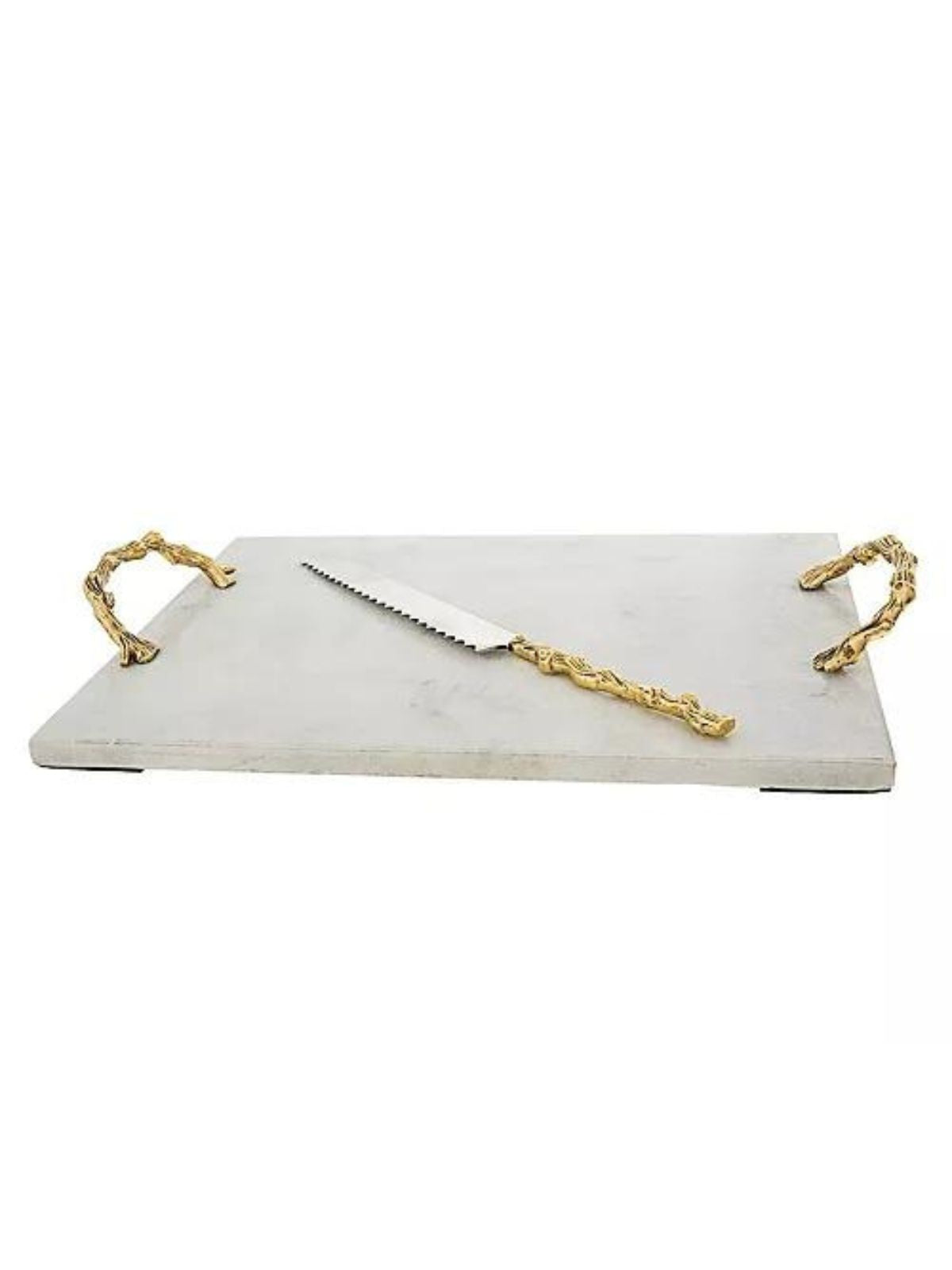 This Rectangular marble board with knife has gold bamboo designed handles measuring 14.5L x 11W sold by KYA Home Decor