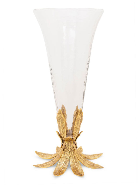 Luxurious Designer Glass Vase on Gold Brass Flower Leaf Designed Base - KYA Home Decor
