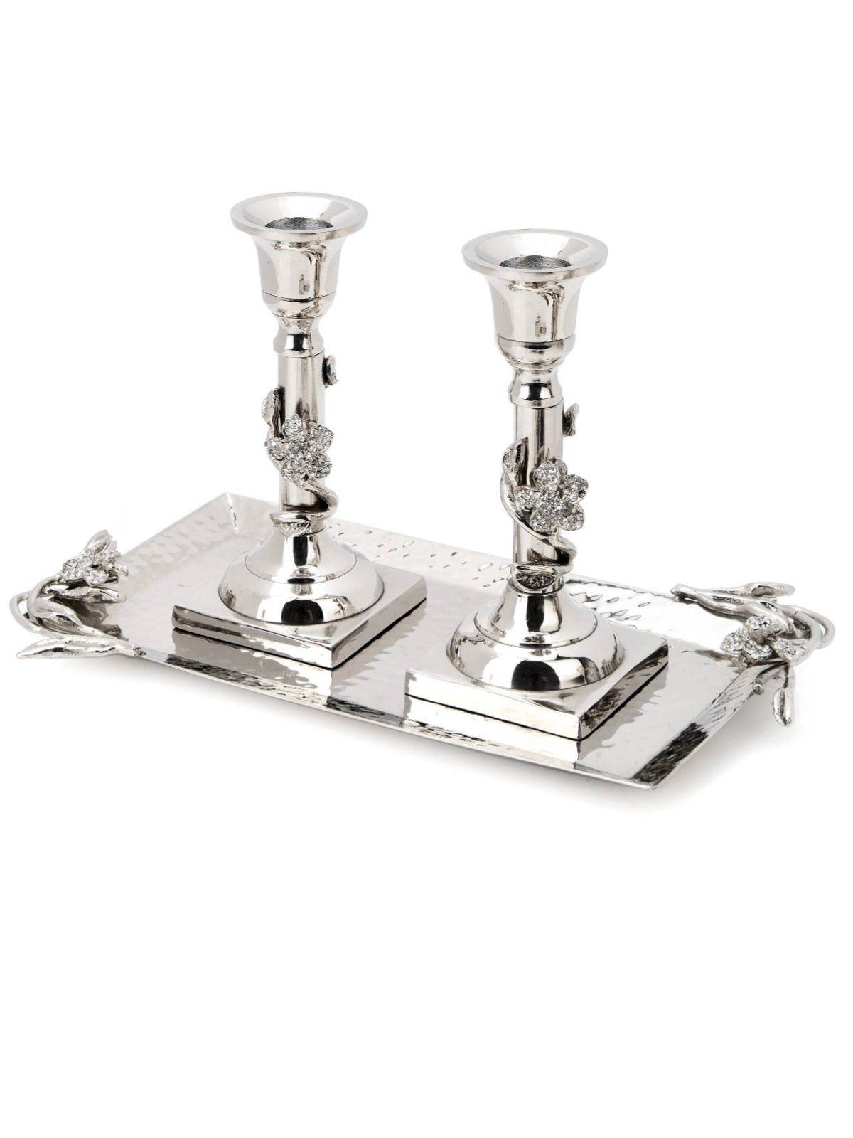Hammered Stainless Steel Candlestick Holders Set with Silver Jeweled Flower Design - KYA Home Decor.