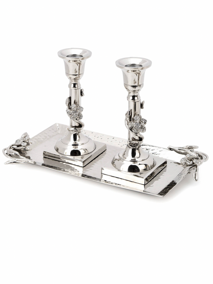 Hammered Stainless Steel Candlestick Holders Set with Silver Jeweled Flower Design - KYA Home Decor.