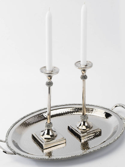 Stainless Steel Oval Tray with Diamond Crystal Edges With Candles.