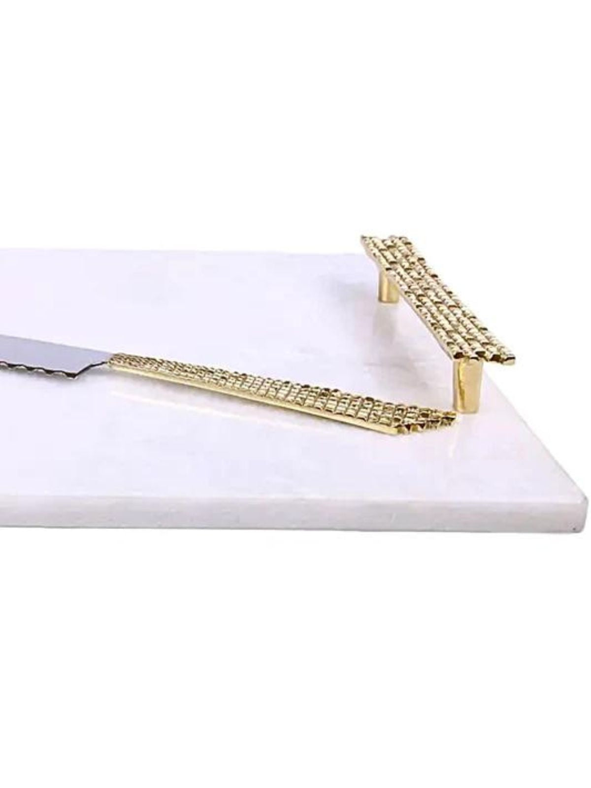 Luxurious White Marble Tray with Gold Mosaic Designed Handles and Stainless Steel Knife, Sold by KYA Home Decor.