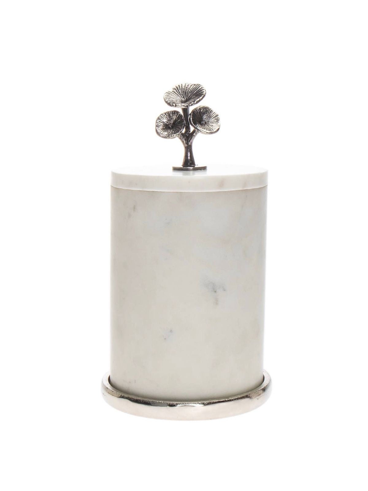 7.5H White Marble Luxury Kitchen Canisters with Silver Metal Floral Design on Lids - KYA Home Decor.