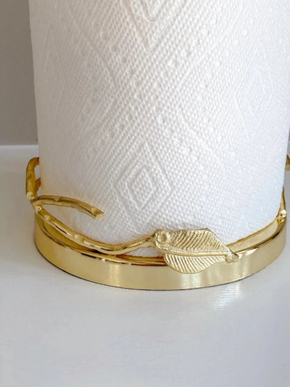 15H Luxury Gold Leaf Detailed Stainless Steel Paper Towel Holder With Leaf on the Bottom.
