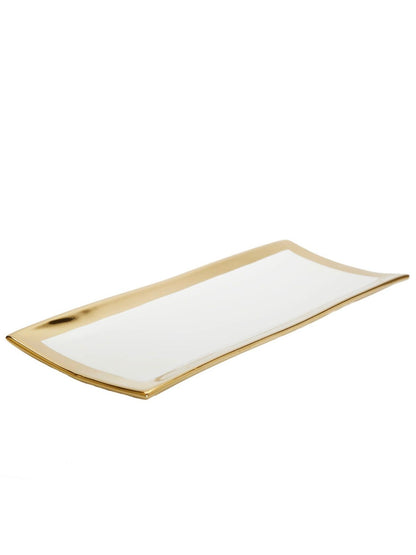 White Rectangular Decorative Tray With Luxury Gold Edges Sold by KYA Home Decor.