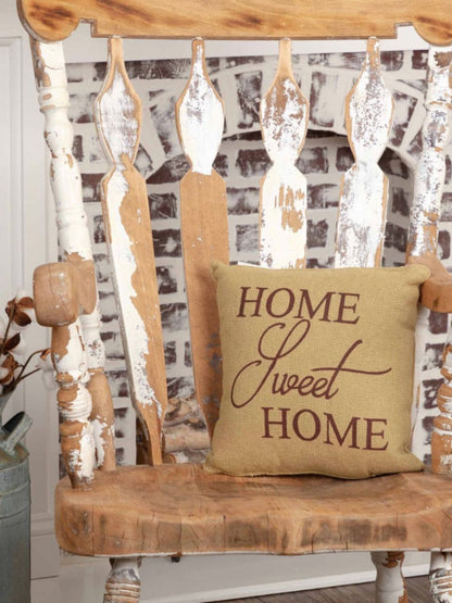 This cozy decorative pillow adds a touch of personal sentiment with a stencil that reads Home Sweet Home. Our soft cotton natural shade burlap provides the perfect background for the burgundy stencil quote. 