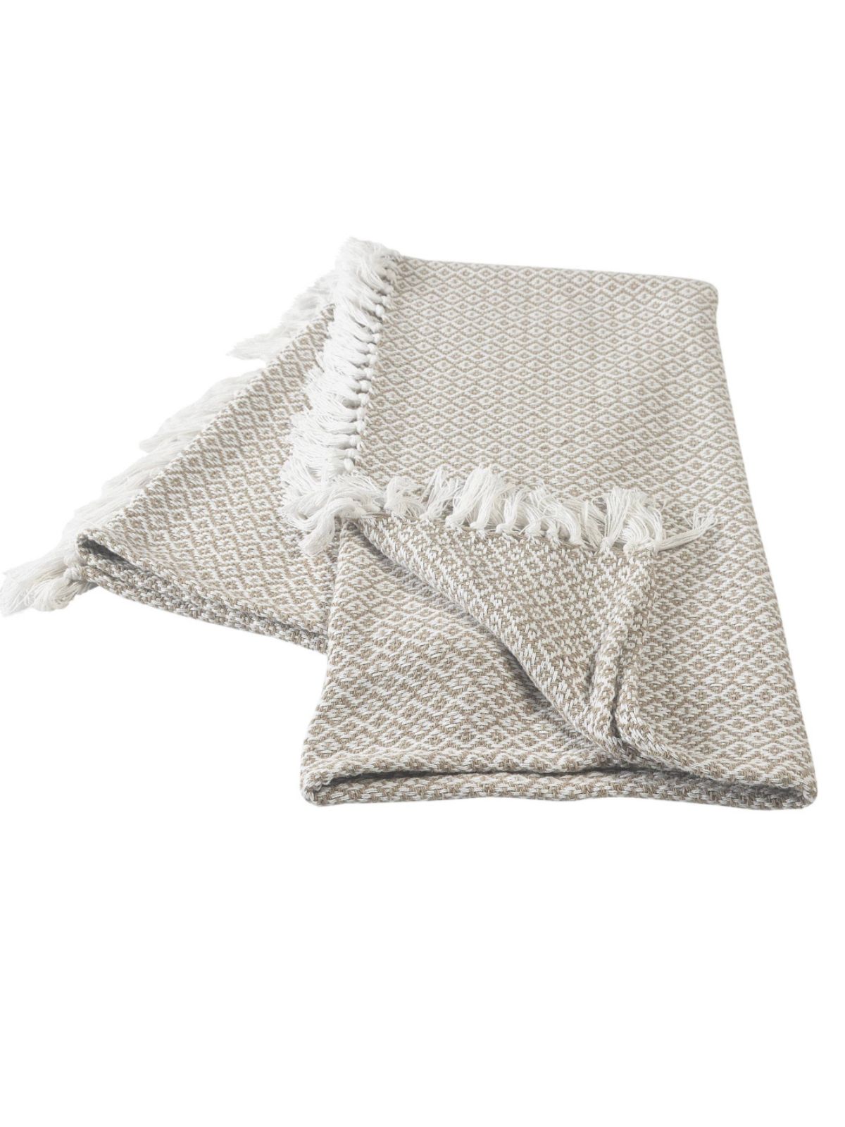 Beige and Ivory Diamond Pattern 100% Cotton Throw Blanket with Fringe, 50W x 60L. 